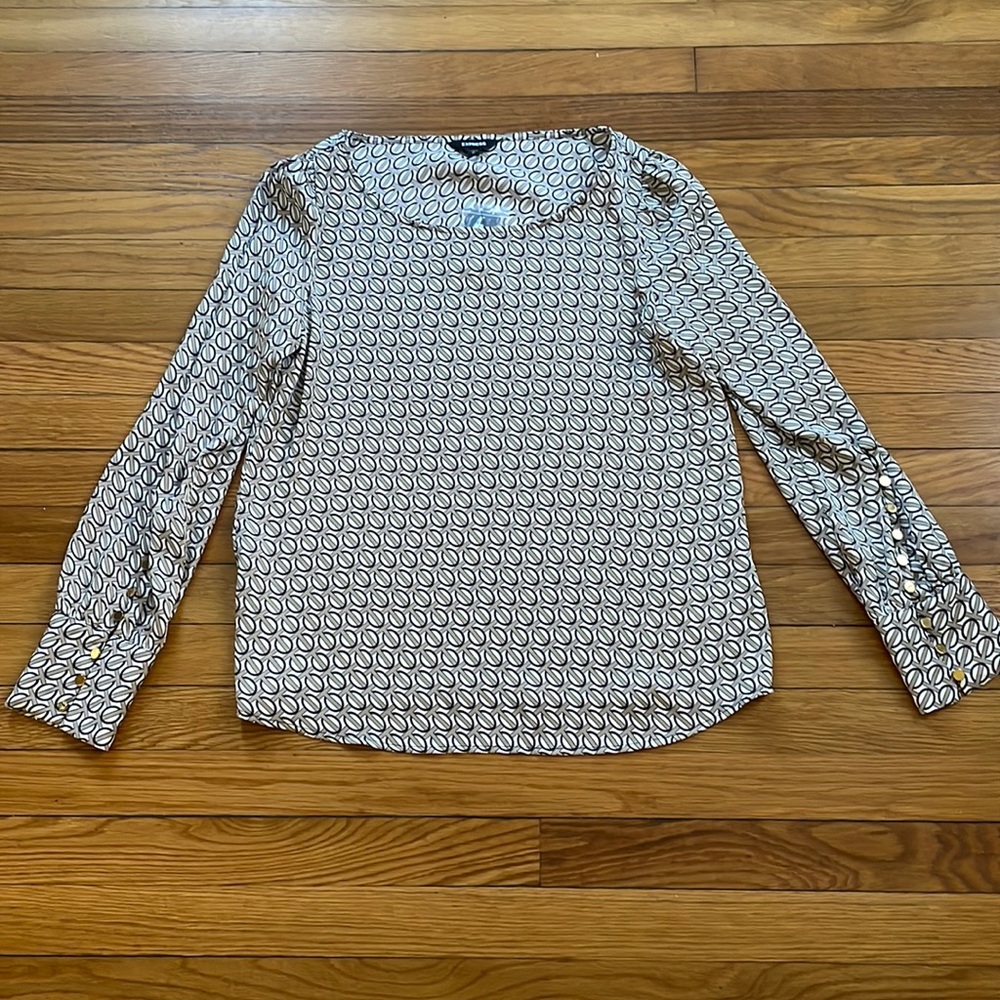 White, Black, and Gold Patterned Blouse